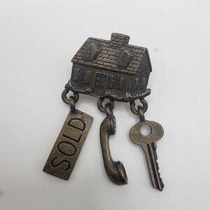Realtor Charm Brooch Real Estate Agent Dangle House Key Sold 80s JJ Brand Signed